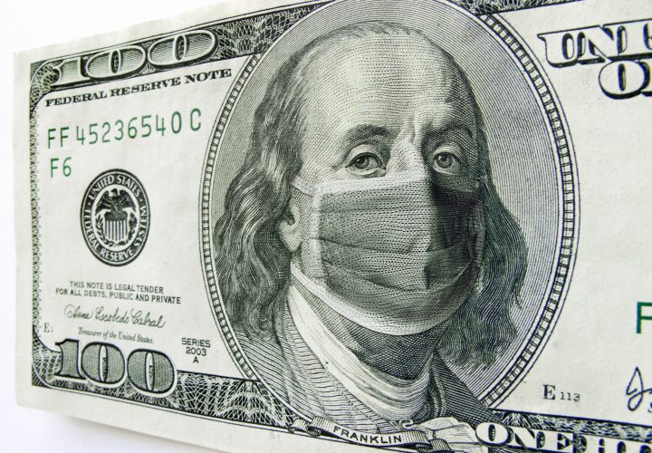 Ben Franklin wearing a Coronavirus Healthcare Mask on One Hundred Dollar Bill.